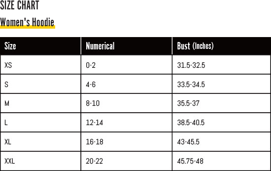 Women's Hoodie SIZING CHART FOR DIGITAL RAWNESS