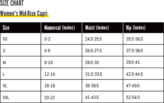 Capri Women's Leggings Size Chart For Digital Rawness