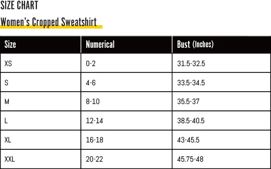 Women's Cropped Sweatshirt SIZING CHART FOR DIGITAL RAWNESS