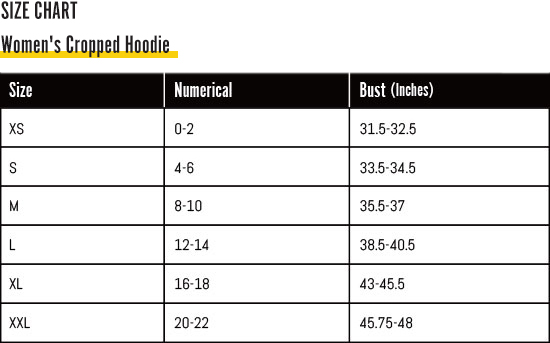 Women's Cropped Hoodie Size Chart-Digital Rawness